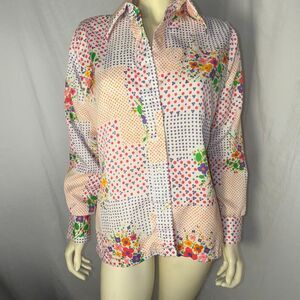 Vintage 1970s Shapely Patchwork Polka Dot Floral Blouse 15/16 – Long Sleeve Retr